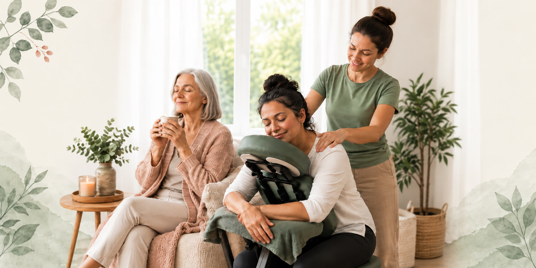 Women relaxing during a ThriveWell chair massage in a calm, plant-filled room